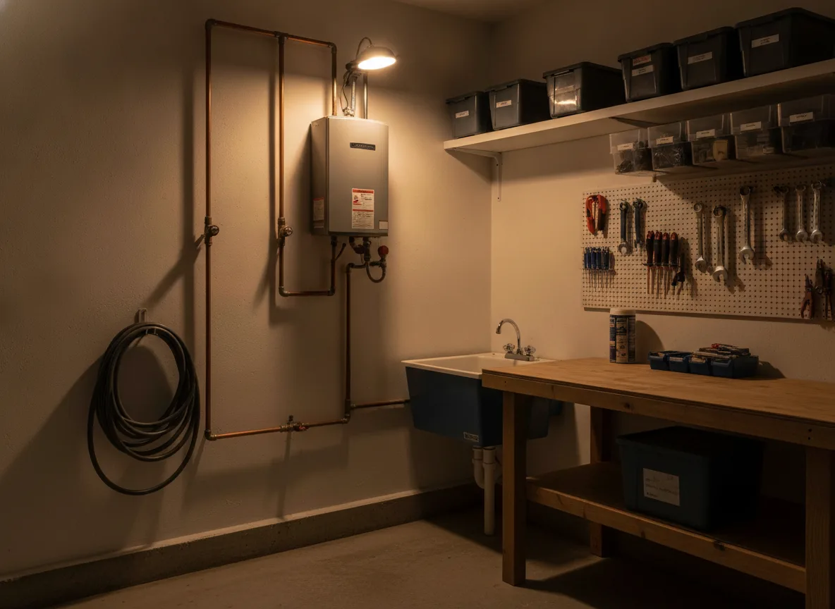 Residential garage utility area at night